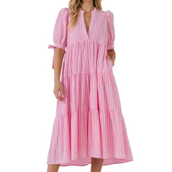 English Factory Dresses & Skirts - English Factory Pink Tiered Midi Dress with Tie Sleeves